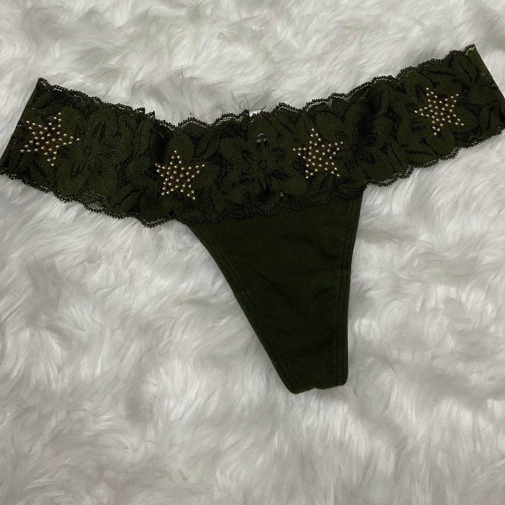 Y2K Victoria's Secret PINK Olive Lace Thong with Gold Studs